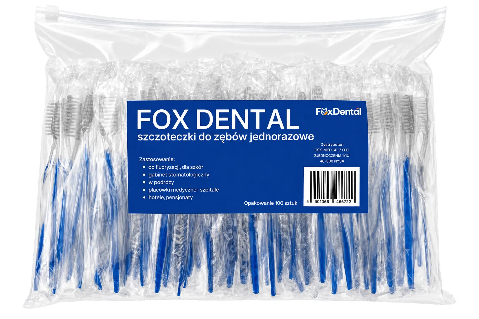 Opakowanie niebieskich szczoteczek jednorazowych FoxDental