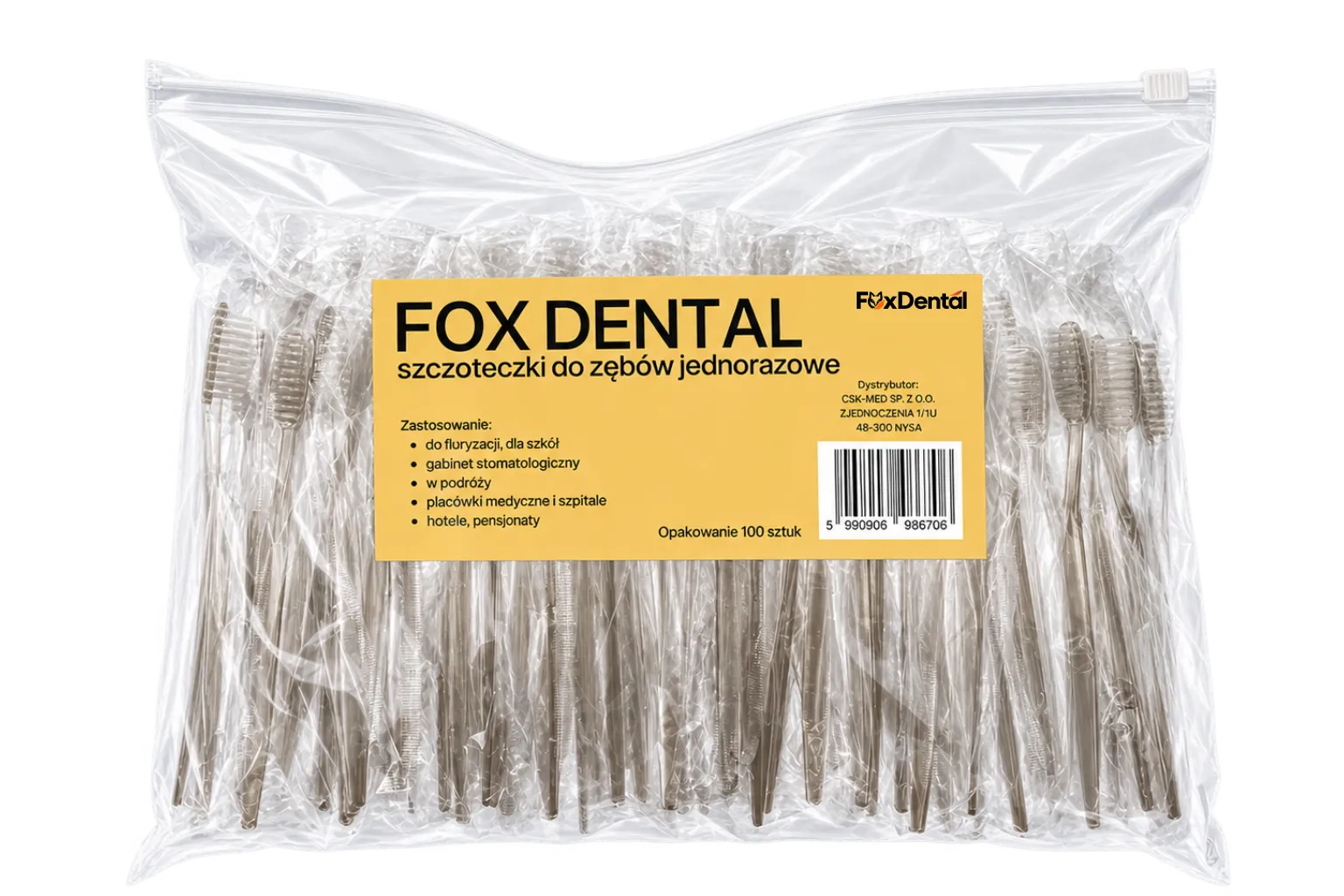 Opakowanie 100 szczoteczek jednorazowych FoxDental w kolorze żółtym
